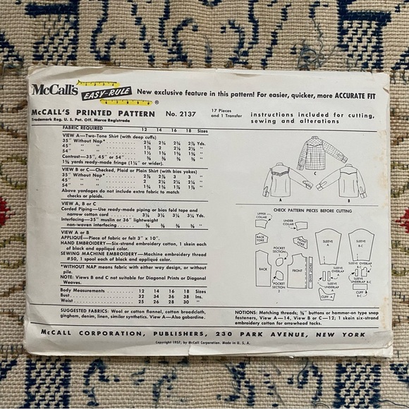 McCall's 2137 Misses’ Western Shirt Transfers Vintage Sewing Pattern 50s Bust 32 - Picture 2 of 3